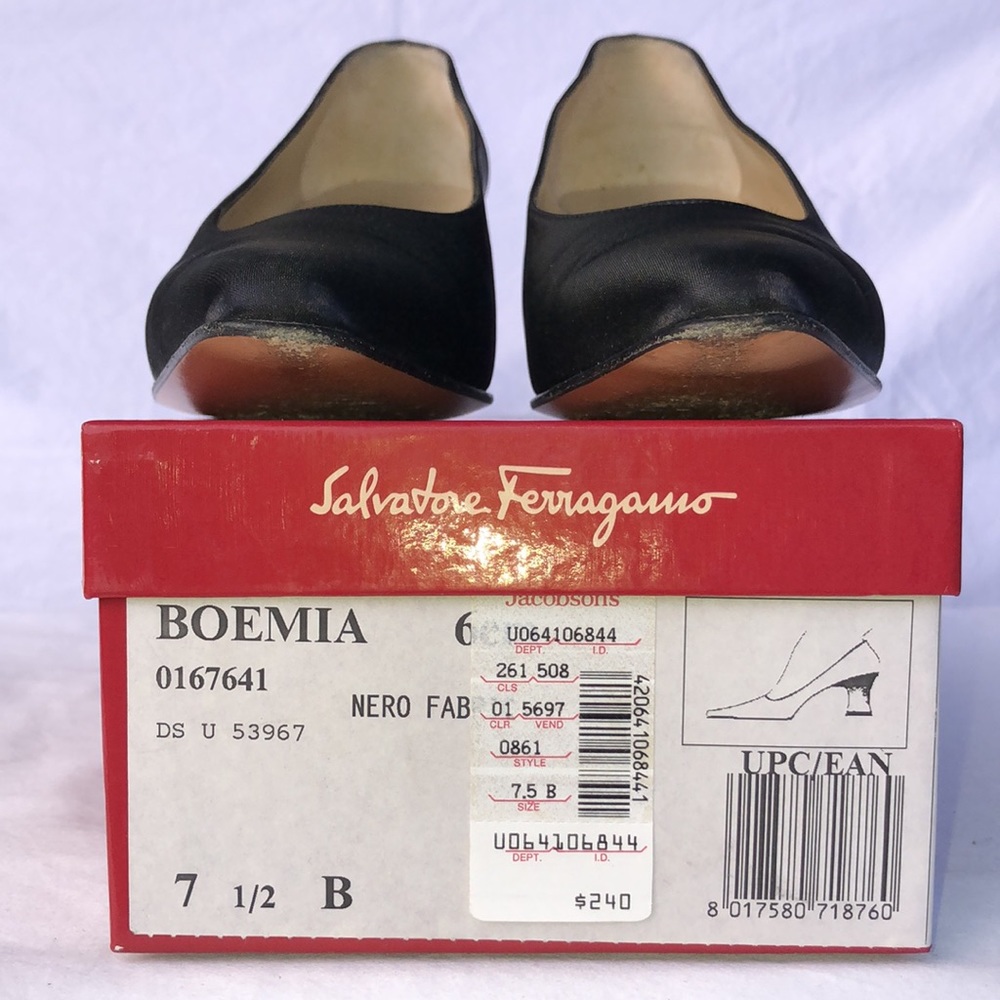 Salvatore Ferragamo “Boemia,” Black Silk Like Fabric, 2.75” Lucite Heel w/Lace - Picture 11 of 16